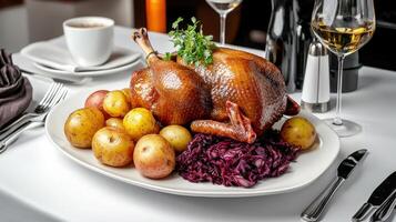 A large roast turkey sits on a plate with potatoes and vegetables photo