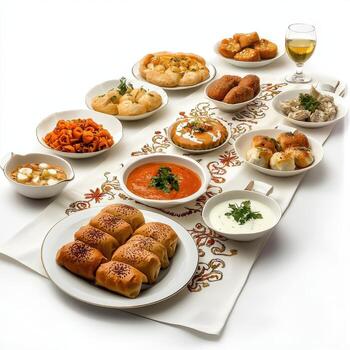 A table with many plates of food and a glass of wine photo