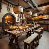 A large wooden table with a lot of food on it photo
