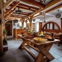 A table with food and a chandelier in a restaurant photo
