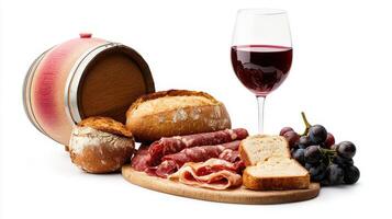 A glass of wine, bread, and meat on a cutting board photo