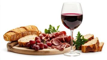 A glass of red wine and bread with ham and grapes photo