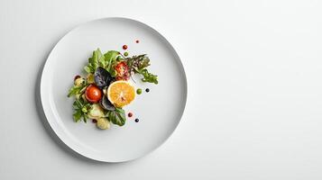 A plate with a salad on it and a slice of orange photo