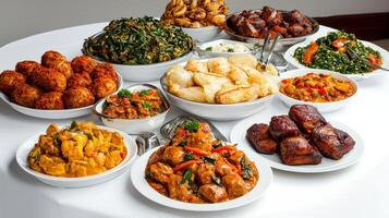 A table with many dishes of food photo