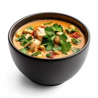A bowl of soup with chicken and corn on a white background photo