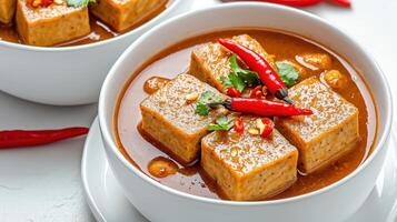 Two white bowls filled with tofu and chili peppers photo