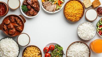 Various types of food are arranged in bowls photo