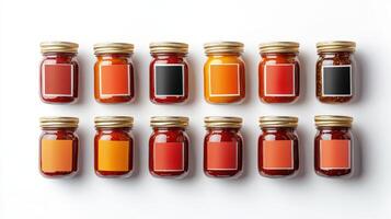 A collection of jars with different colored sauces photo