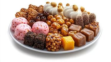 A plate of assorted sweets on a white background photo