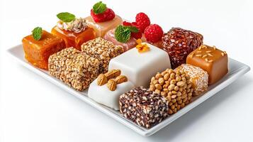 A white plate with assorted candies and nuts photo