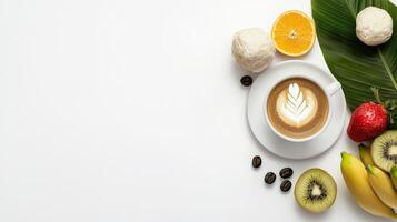 Coffee with fruits and vegetables on white background photo