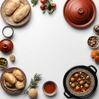Various types of food and ingredients arranged in a circle photo