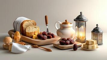 A table with bread, dates, and other food photo