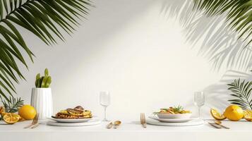Table setting with food and drinks on white table with palm leaves photo