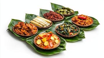 A group of different types of food on banana leaves photo