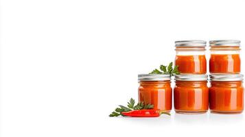 A group of jars with tomato sauce and chili peppers photo