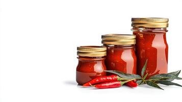 Three jars of hot sauce with chili peppers photo
