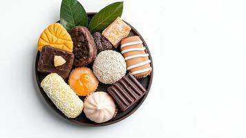 Assorted chocolates and sweets on a white plate photo