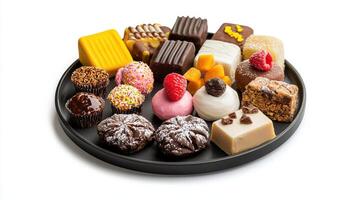 A plate of assorted chocolates on a white background photo