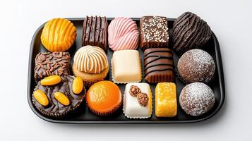 Assorted chocolates and sweets in a black tray photo