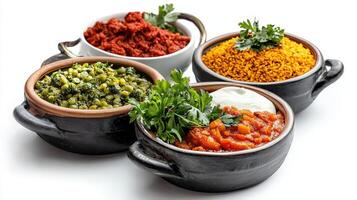 Three bowls with different types of food in them photo