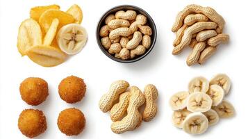 Various types of snacks including nuts, bananas and peanuts photo
