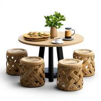 A round table with four stools around it photo