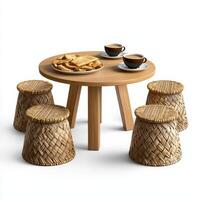 A table with four stools and a cup of coffee photo