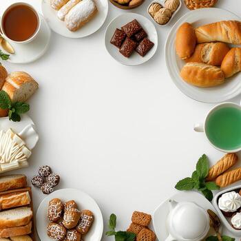 A circle of food and drinks arranged in a circle photo