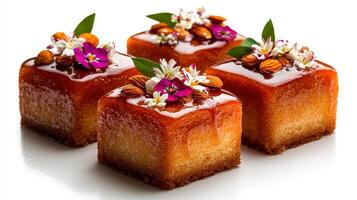 Four squares of cake with flowers on top photo