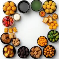 A circle of different types of food in black bowls photo