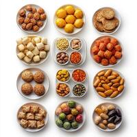 A bunch of different types of food on a white surface photo