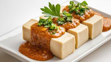 A plate of tofu with sauce and garnish photo