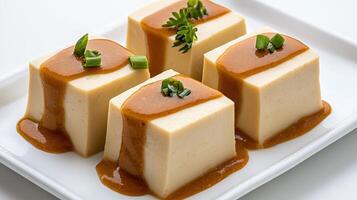 Four squares of ice cream with sauce on top photo