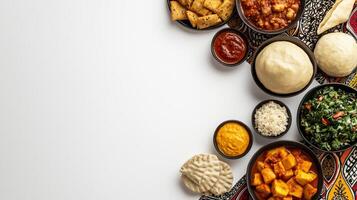 Various types of food are arranged on a white table photo