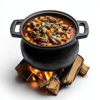 A pot of stew sitting on top of a fire photo