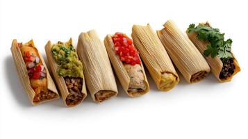A group of tamales with different toppings photo