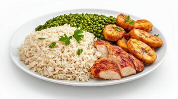 A plate with rice, peas and chicken photo