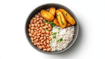 Cuban rice, beans and fried fish in a bowl photo