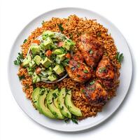 Chicken thighs with rice and avocado photo