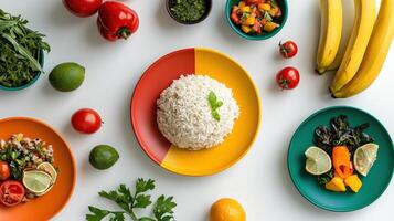 A variety of colorful plates with rice, vegetables and fruit photo