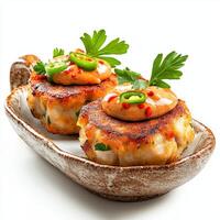 Two crab cakes are sitting on a plate photo