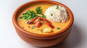 A bowl of curry with rice and a crab photo