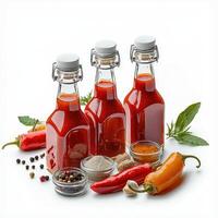 Three bottles of hot sauce with spices and herbs photo