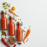 Various bottles of hot sauce and spices on a white background photo