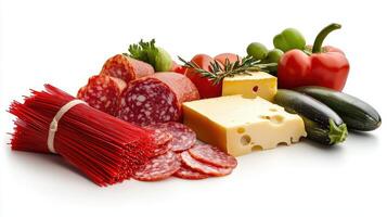 Various types of meat and vegetables on a white background photo