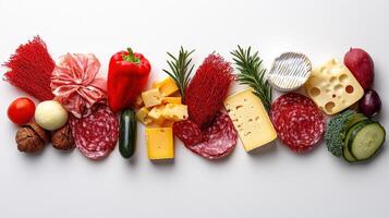 Various types of cheese, meat and vegetables arranged in a row photo