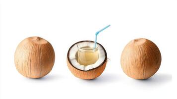 Coconut juice with straw and half open coconut photo