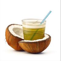 A coconut with a drink inside and a half open coconut photo
