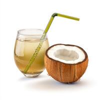 Coconut juice with straw and half of a coconut photo
